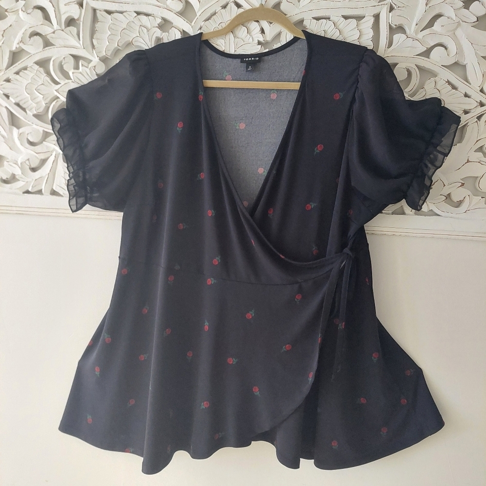 Vintage Torrid Black Red Rose Surplice Top with Chiffon Puff Sleeves